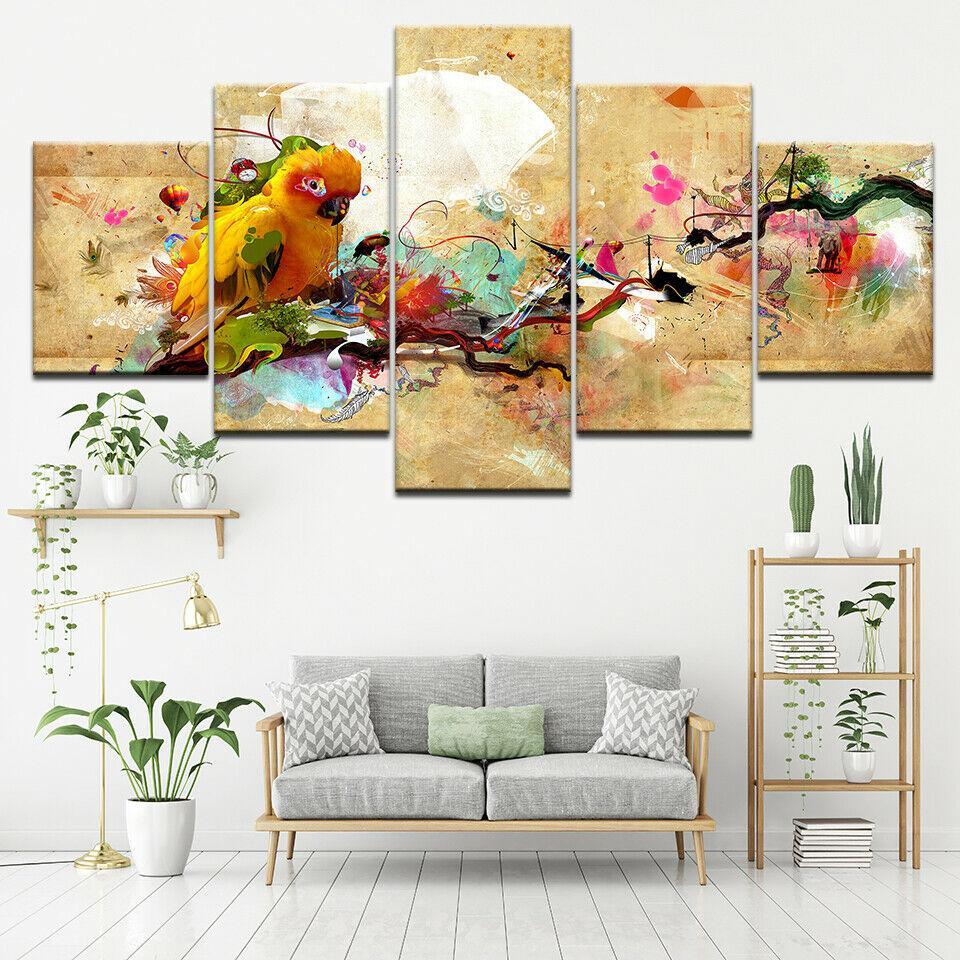Abstract Chinese Style Magpie Bird 5 Piece Canvas Picture Print Wall Art Canvas Painting Wall Decor for Living Room No Frame