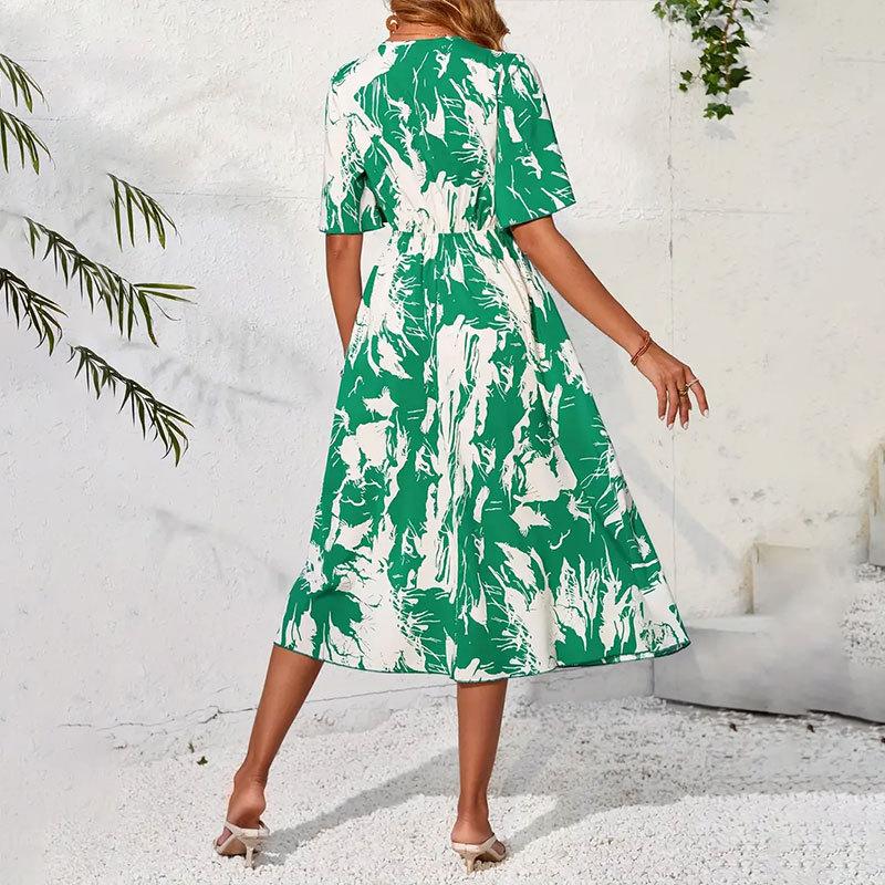 Summer Elegant Romantic Long Flared Sleeve V-Neck Ruffle Flutter Printed Dress Long Dress