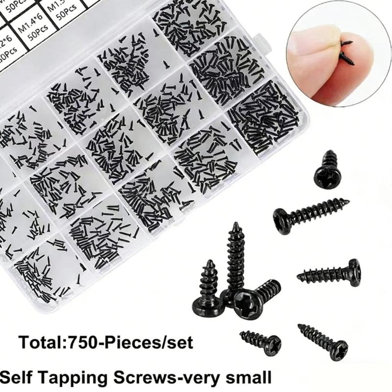 Pack Of 750 Black Crosses Round Head Auto Tapping Screws For Woodworking And Furniture Assembly With Storage Case