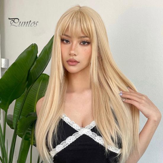 

Женский длинный прямой парик с челкой, естественный вид, шелковистые, термостойкие, высокотемпературные волокна, женские синтетические волосы F