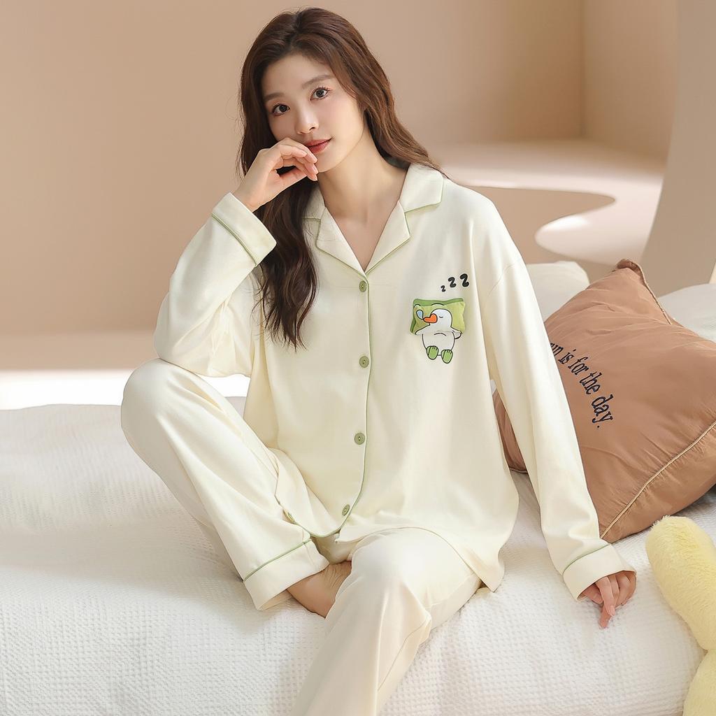 Pajamas Women's Pure Cotton Spring and Autumn 1011 New Women's Long-sleeved Pants Loungewear Korean Cotton Suit Can Be Worn Outside