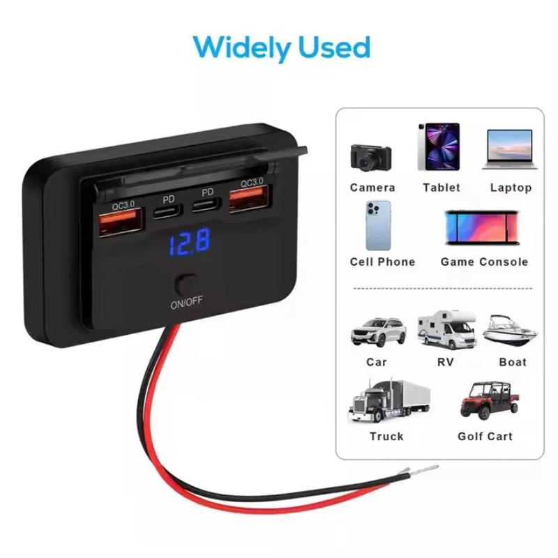 Dual Pd Dual Qc 3.0 Usb Car Charger 12V Rv Usb Outlet Panel Fast Charge Socket With Switch Voltmeter For Boat Motorcycle