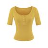 U-neck Button Mid-sleeved T-shirt Women's Summer New American Spice Girl Solid Color Slim-fitting and Thin Threaded Bottoming Top