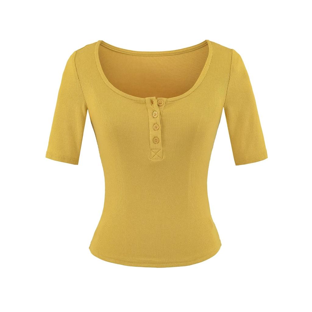 U-neck Button Mid-sleeved T-shirt Women's Summer New American Spice Girl Solid Color Slim-fitting and Thin Threaded Bottoming Top
