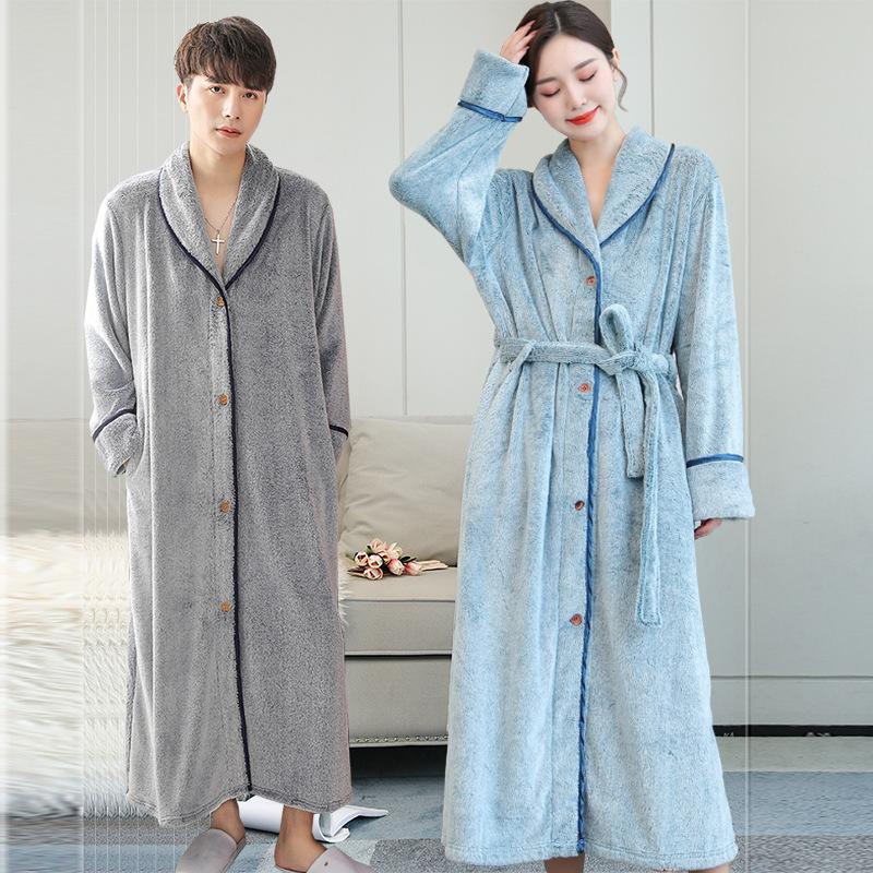 Couple Button Lapel Nightgown Women Thickened Long Robe Coral Fleece Bathrobe Men Large Nightwear Autumn Winter Flannel Homewear