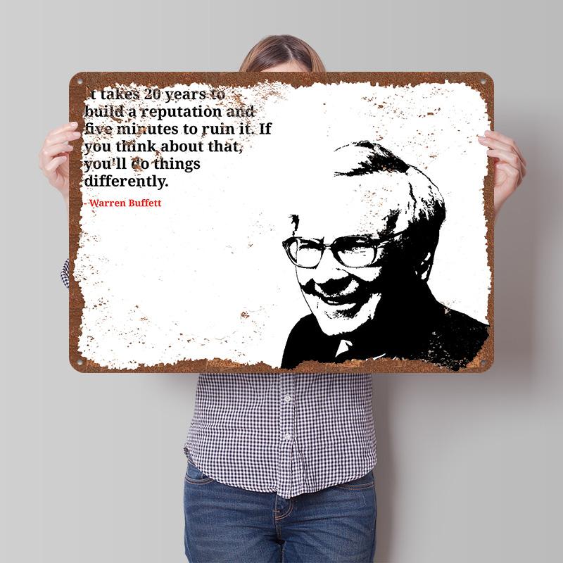 Warren Buffett Reputation Quote Portrait Printed Poster Customized Wall Art Retro Vintage Metal Tin Signs for Home Desk Decor 20X30CM