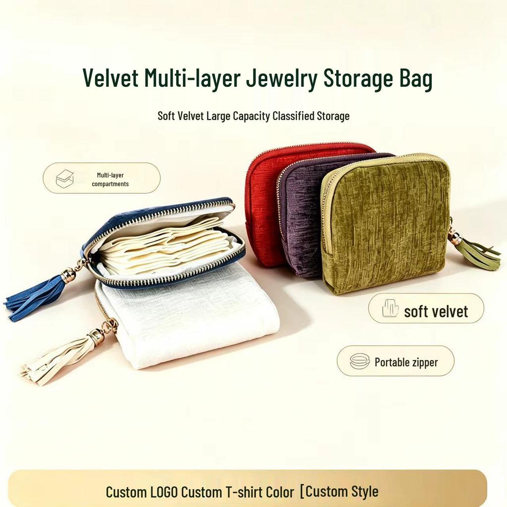 Velvet Multi-layer Jewelry Organizer: Portable Travel Storage for Rings, Necklaces, Earrings - Dustproof and Compact.