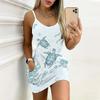 Summer New Style Sea Turtle Print Sleeveless Bodycon Dress with Pockets Sexy Slim Fit Elegant Party Dress