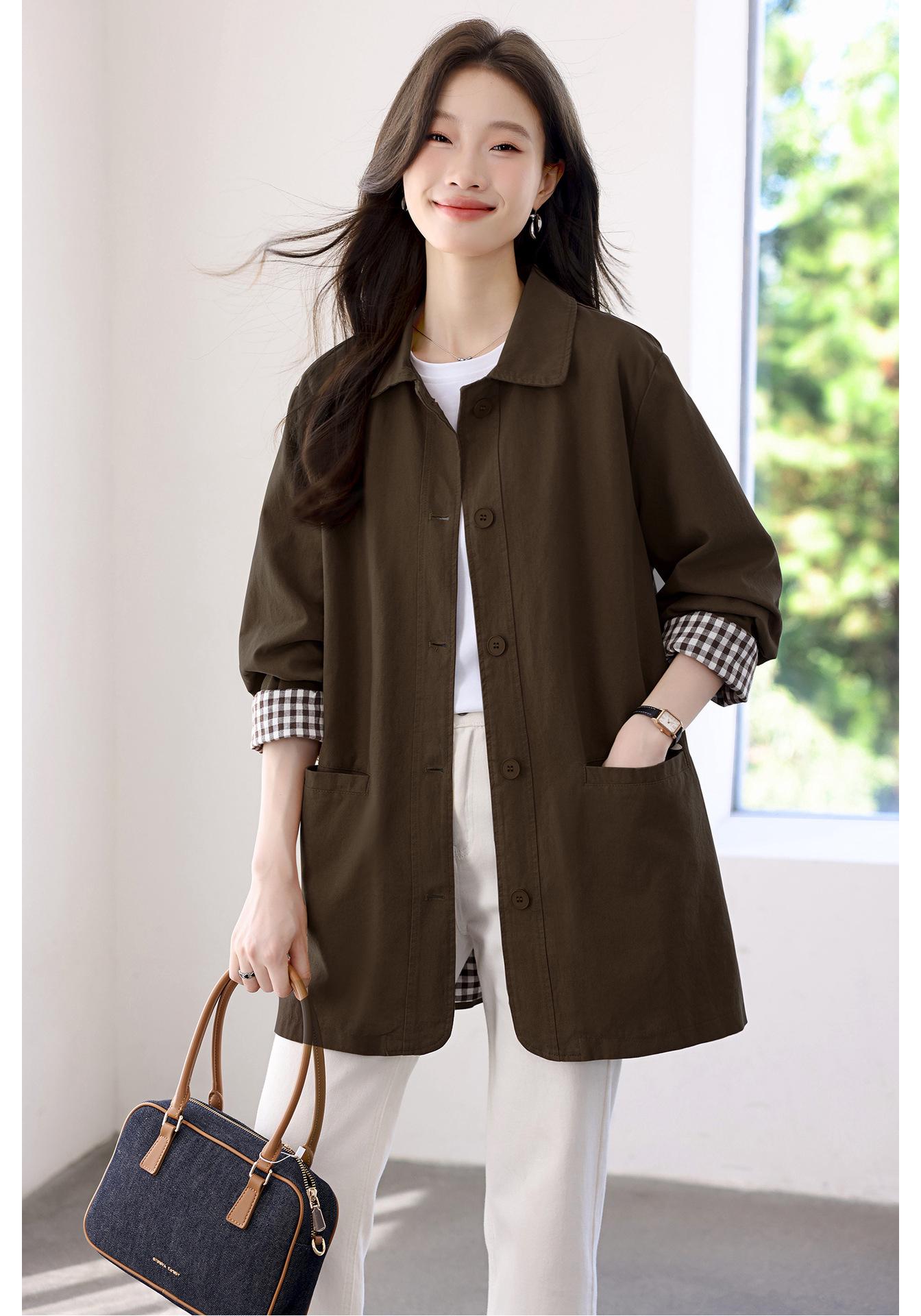 

Women s Mid-Length Pure Cotton Trench Coat with Turn-Down Collar - New 2025 Style, Loose Fit, Plus Size for Early Autumn L 115-130 jin кофейный