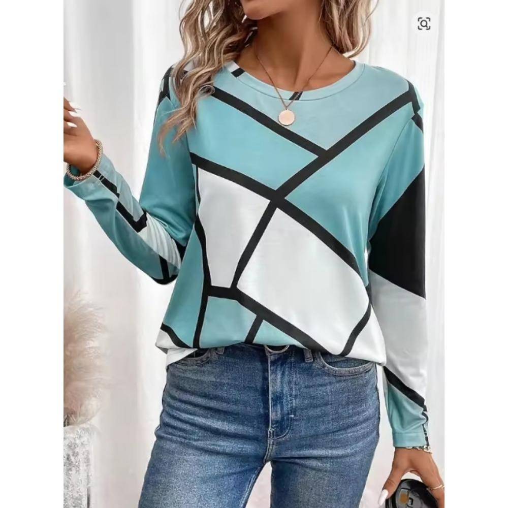 Ladies' Autumn and Winter New Casual Striped Pattern Round Neck Long Sleeved T-shirt Top