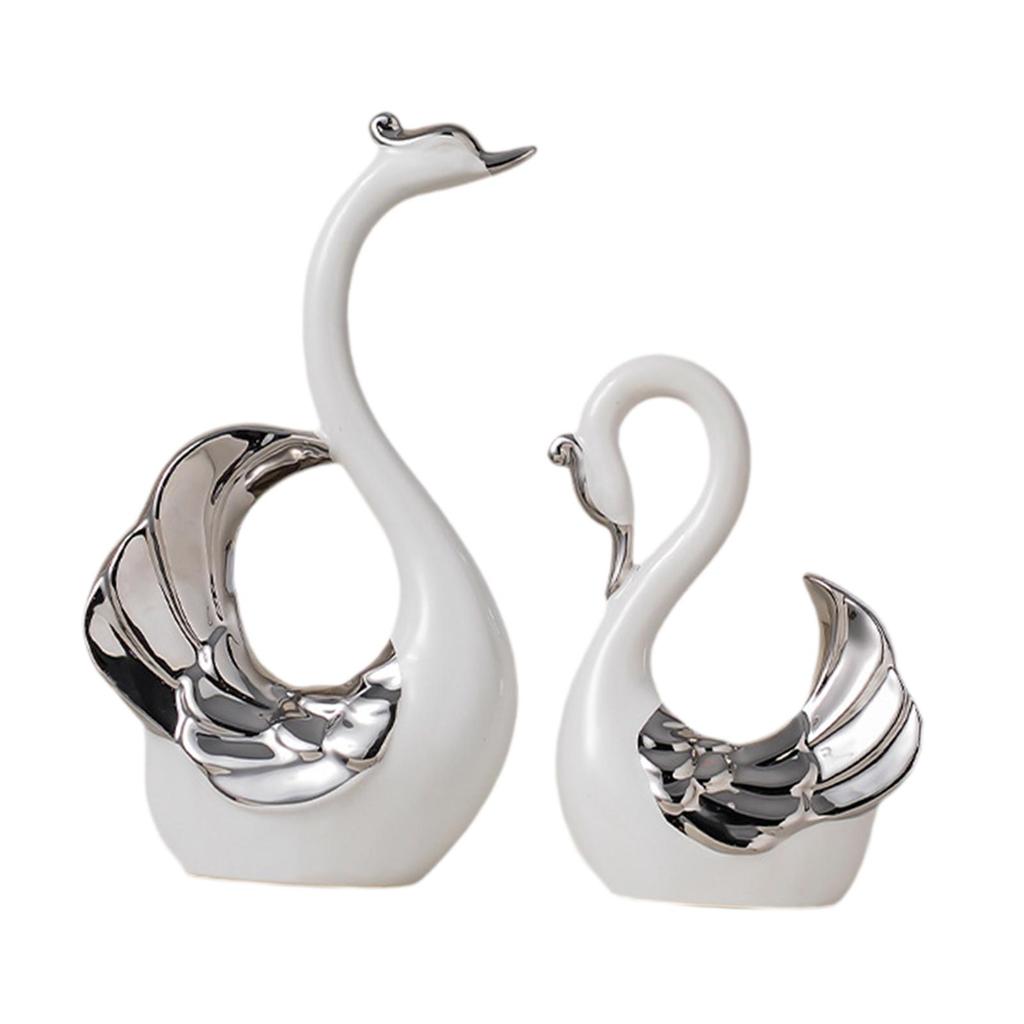 Porcelain Swan Couple Figurines Pair Statues Collectible Craft Table Centerpiece