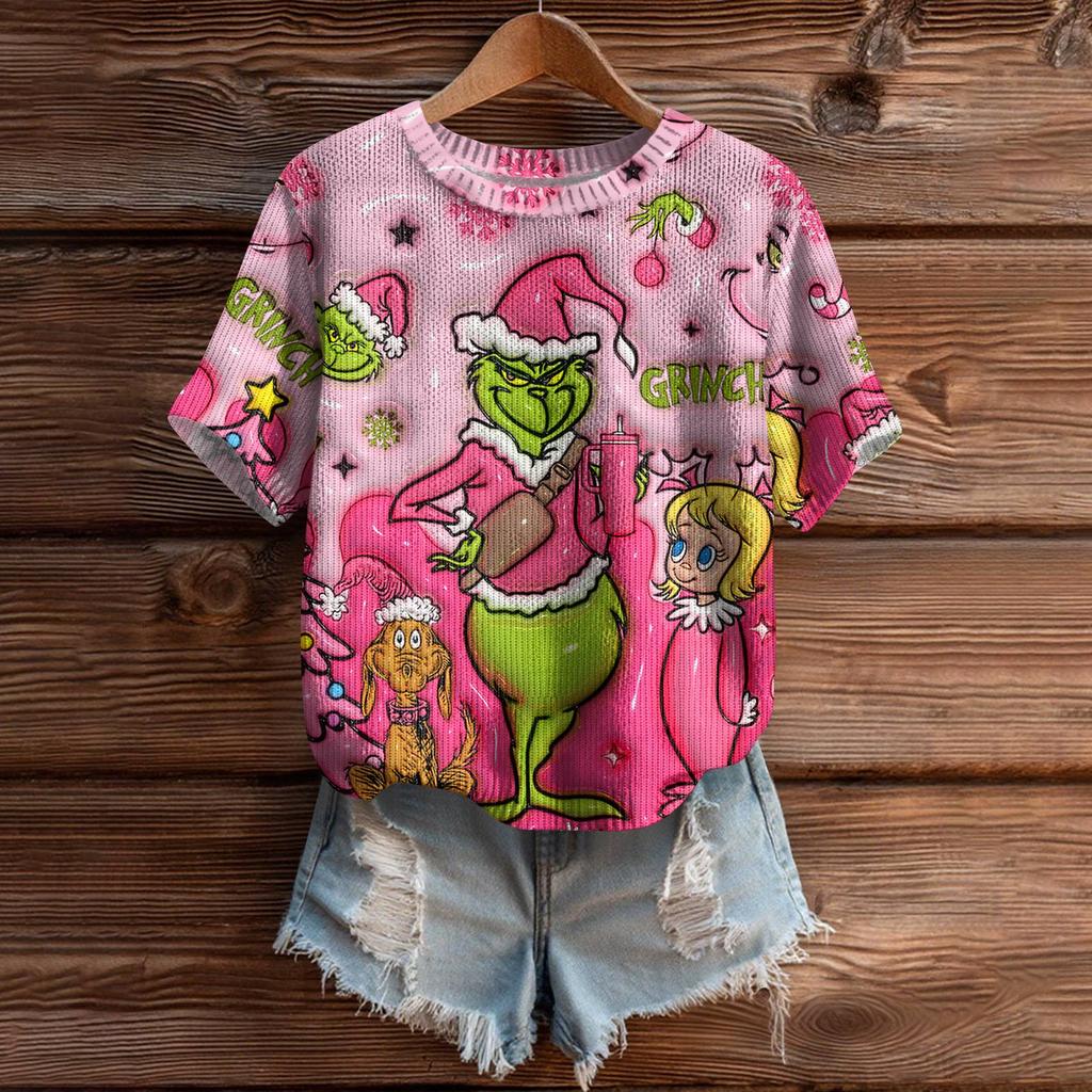 Women's Cute Sweater Knitted Fashion Casual Round-neck Short-sleeved  Cozy Print Top