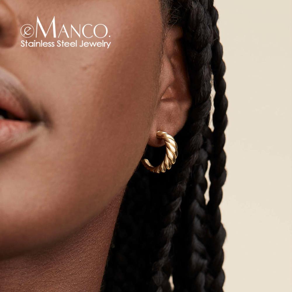eManco Vintage Twist Croissant Hoop Earrings Stainless Steel for Women Elegant Minimalist Geometric Jewelry