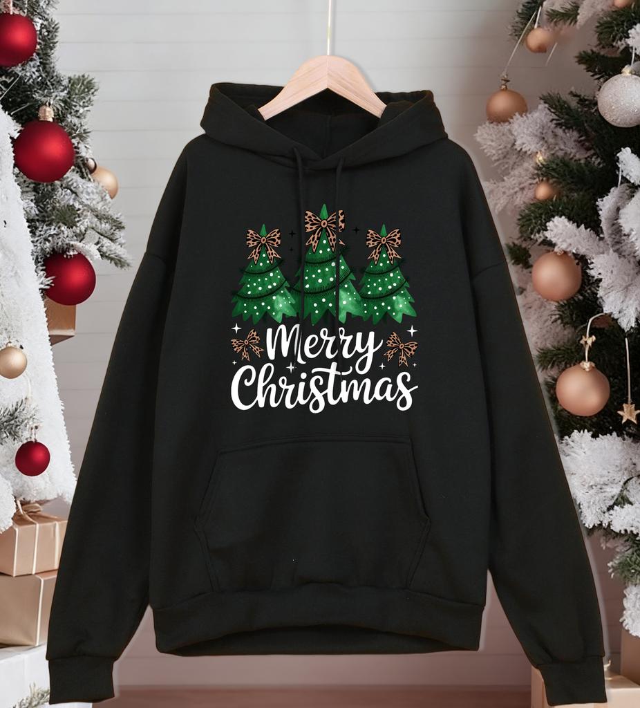 Merry Christmas Bow Trees Printing Hoody Men All-Match Autumn Sportswear Oversized Comics Streetwear Casual Fleece Hoodies