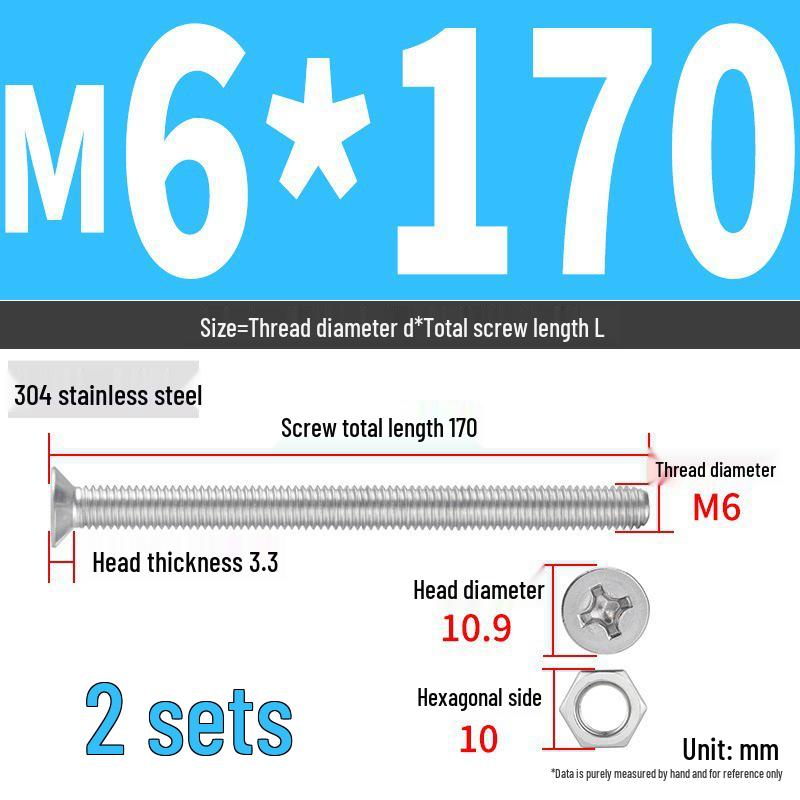 304 Stainless Steel Extra Long Phillips Flat Head Screws and Nuts Set (2M, 3M, 4M)