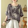 Lockeres Baumwoll-Leinen Übergröße Damen Bedrucktes T-Shirt Sommer Ethnischer Stil Fledermausärmel Schlankmachendes Mom Blumenmuster Oberteil