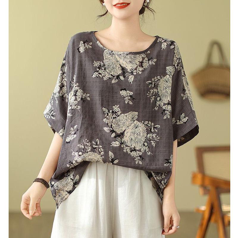 Lockeres Baumwoll-Leinen Übergröße Damen Bedrucktes T-Shirt Sommer Ethnischer Stil Fledermausärmel Schlankmachendes Mom Blumenmuster Oberteil