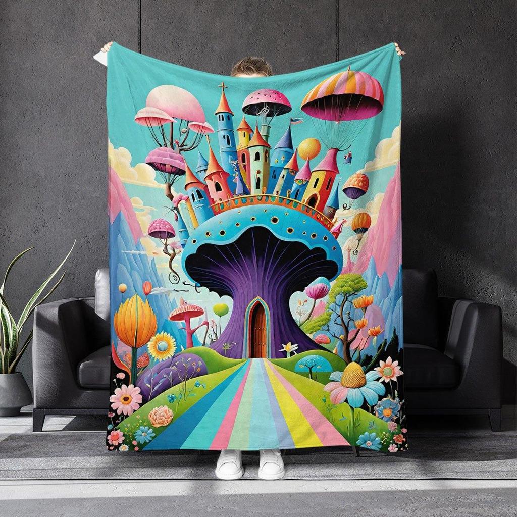 Rainbow Mushroom World Pattern Flannel printed blanket suitable for all seasons suitable for living room office sofa and travel