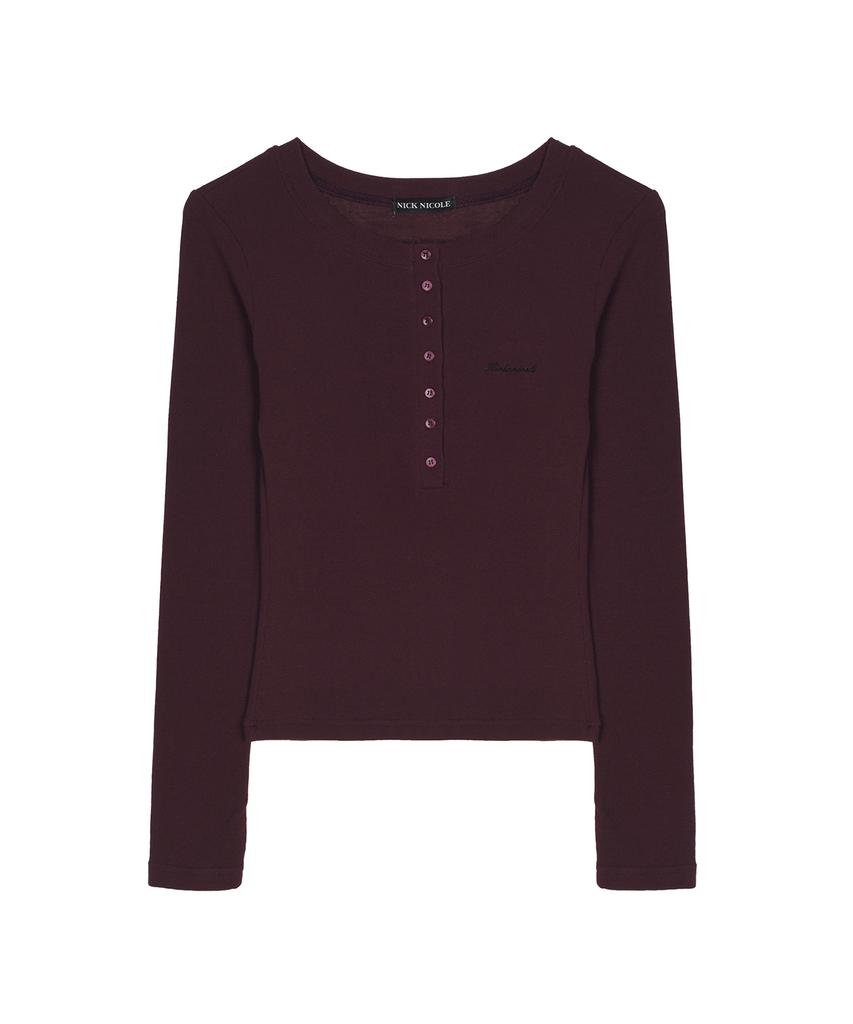 NICK&NICOLE Button Henley Long Sleeve Top_Wine