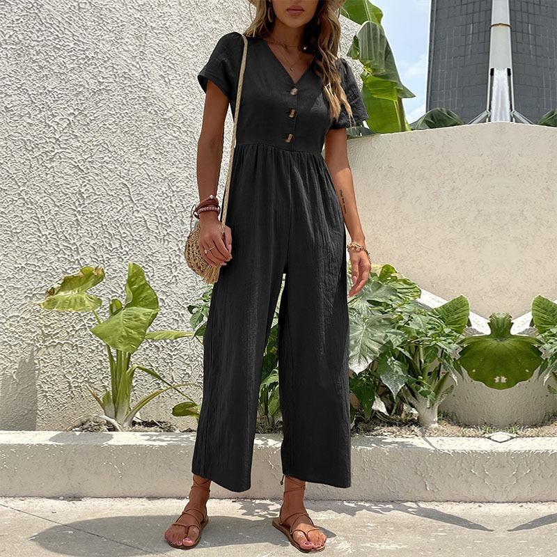 Women's Summer Casual Holiday Style Hundred Solid Colours V-Neck Waist Button Pocket Bubble Sleeve Jumpsuit