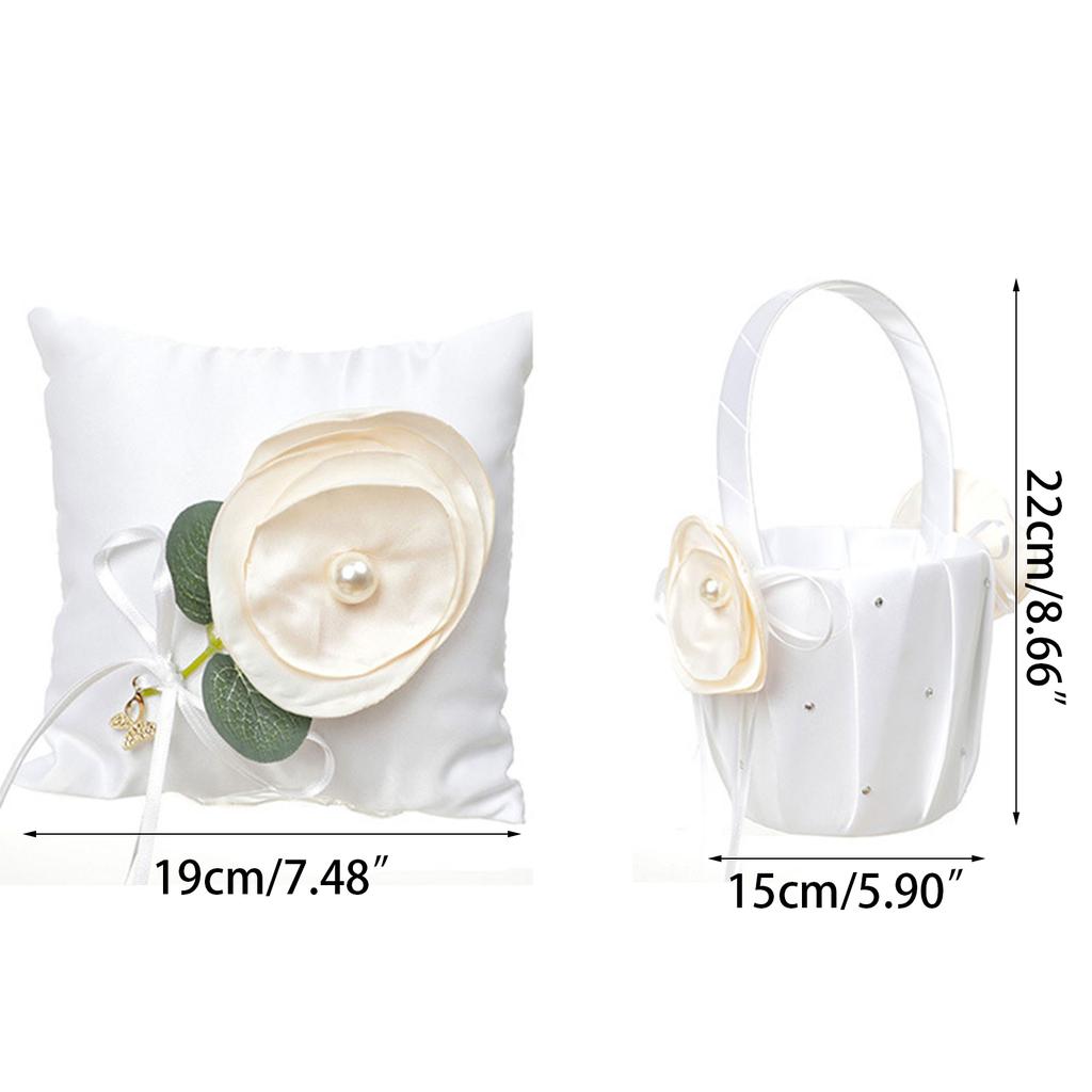 Ringe-Kissen Hochzeit Blumenmädchen Korb Perlen Kunstblumen Weiße Satin Kollektion Kleine Blumenkörbe mit Henkel