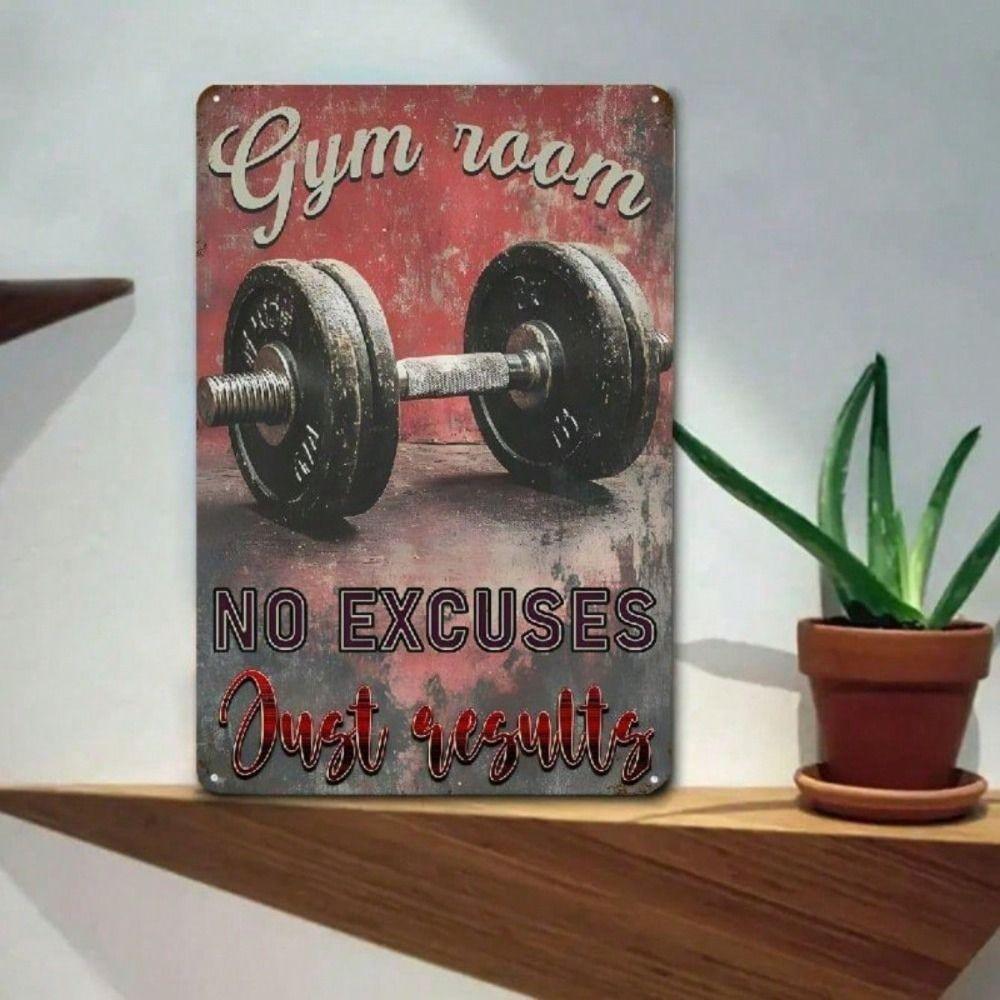 Vintage Metal Sign Wall Art, Dumbbell Weightlifting Gym Decor, No Excuses Just Results for Garage