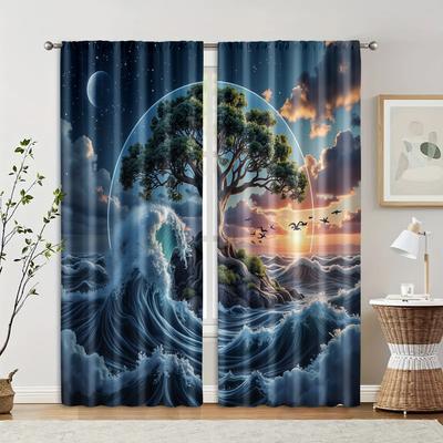 2 Pcs   Filtering Curtains (excluding Rods   Non-movable   Without Batteries) Yin Yang Tree & Clouds for Use In Bedrooms and Living