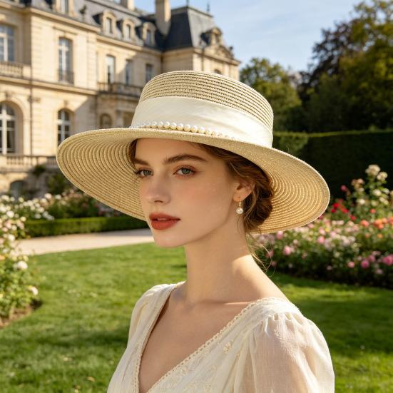 Women Sun Hat Breathable Wide Brim Flat Top French Style Straw Woven Hat with Ribbon Faux Pearls Decoration Summer Outdoor Hat