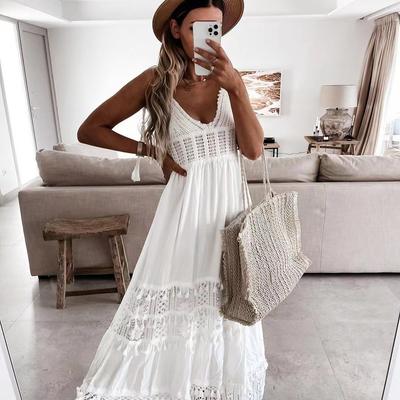 European and American Women's Dresses, Casual Lace Splicing Sleeveless Long Dresses