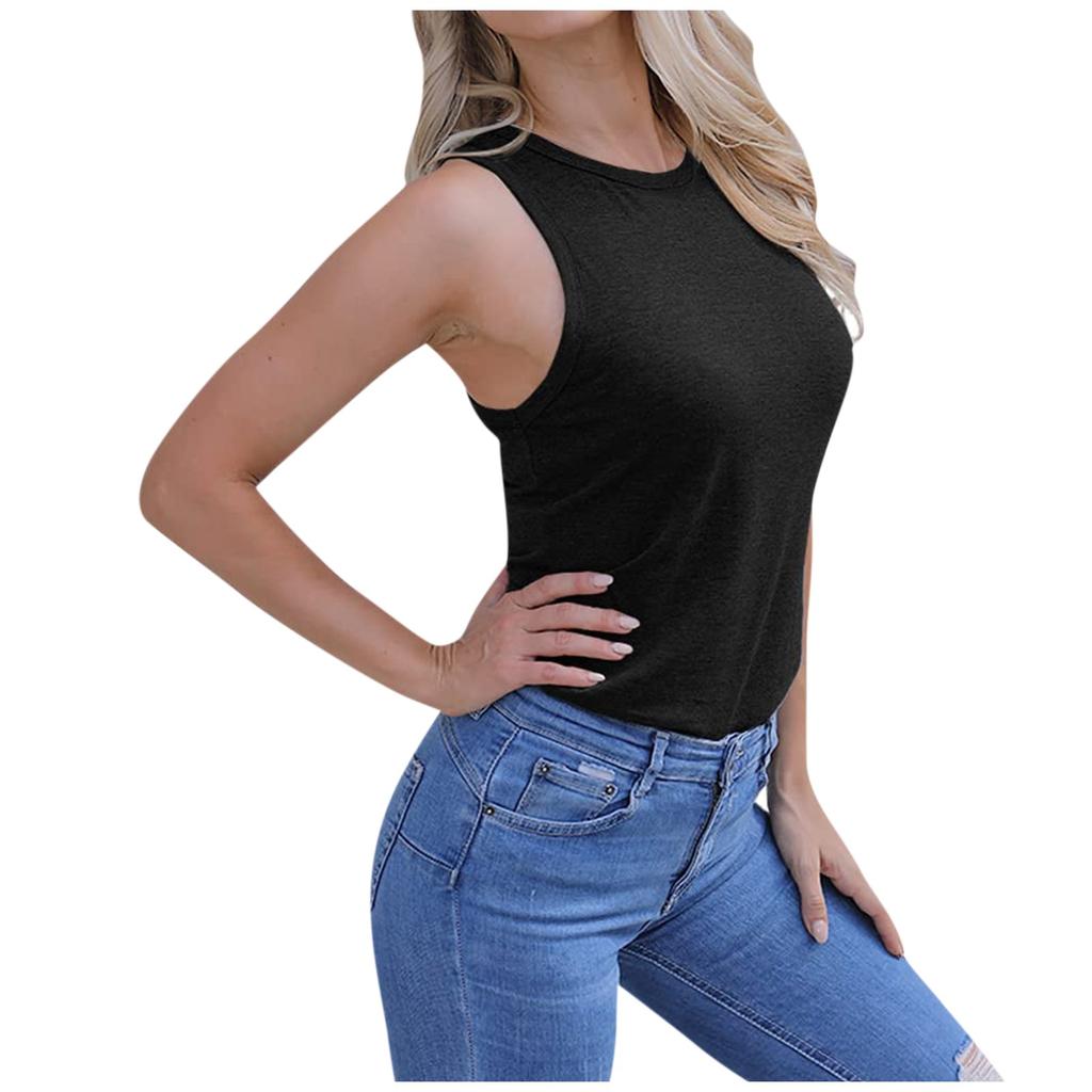 Womens Casual Round Neck Loose Solid Color Sleeveless Top T-shirt Blouse