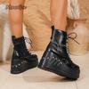 High Platform Women's Ankle Boots Black PU Leather Side Zip Chain Decor Ladies Punk Botines  Women Autumn Boots Size 35-43