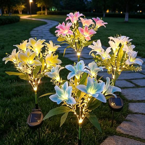 Solar Garden Lights Outdoor 7-Head Lily Light with Swaying Pole 4 Colors Waterproof Solar Powered LED String Lights for Yard Patio Pathway Energy