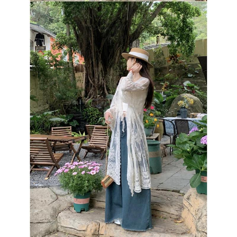 New crochet embroidered lace shirt for women, summer vacation style, seaside sun protection coat, sheer long coat