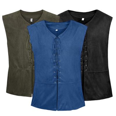 Men Vintage Vest Medieval V Neck Sleeveless Lace Up Cardigan Solid Color Thin