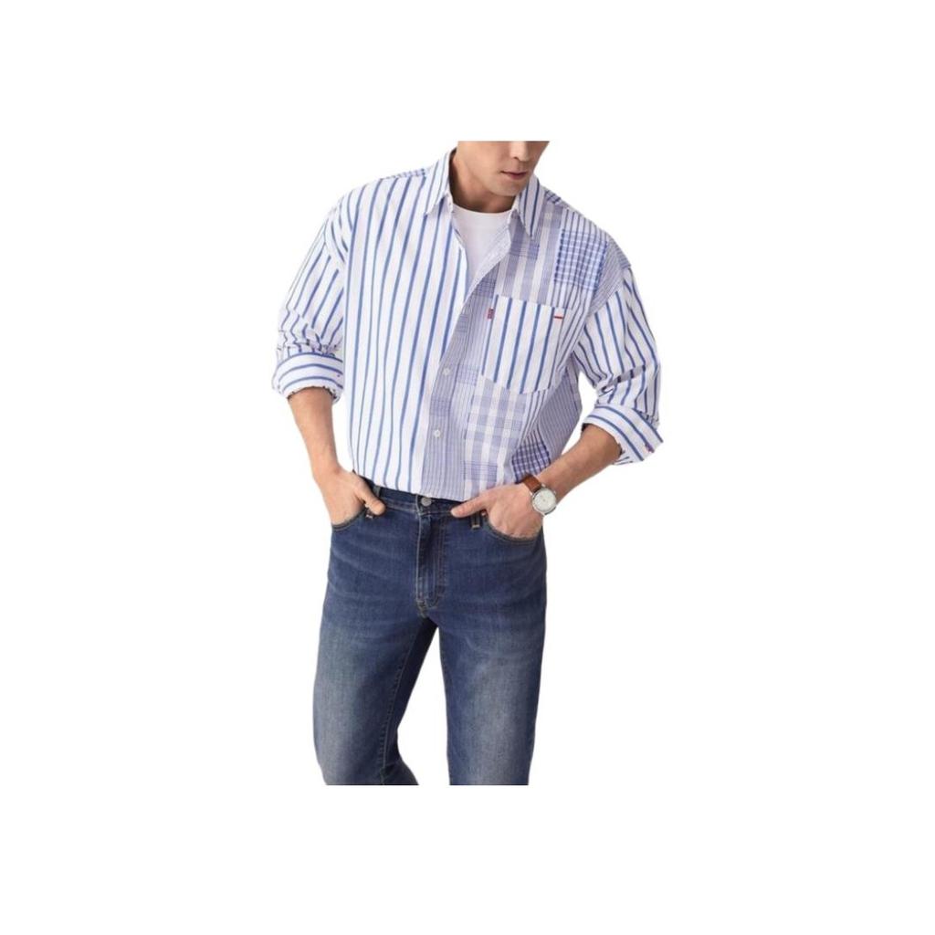 Levis Loose Comfortable Casual Striped Collar Long Sleeve Shirt Men Shirts Blue White 003MX-0000