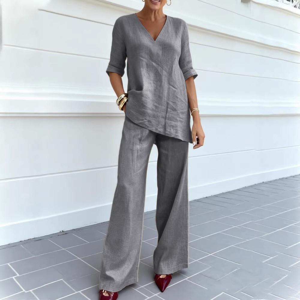 Fashion Cotton Linen Mid-sleeve V-neck Top Straight Trousers Women's 2piece Set Casual Loose Elegant Female Office Trousers Suit