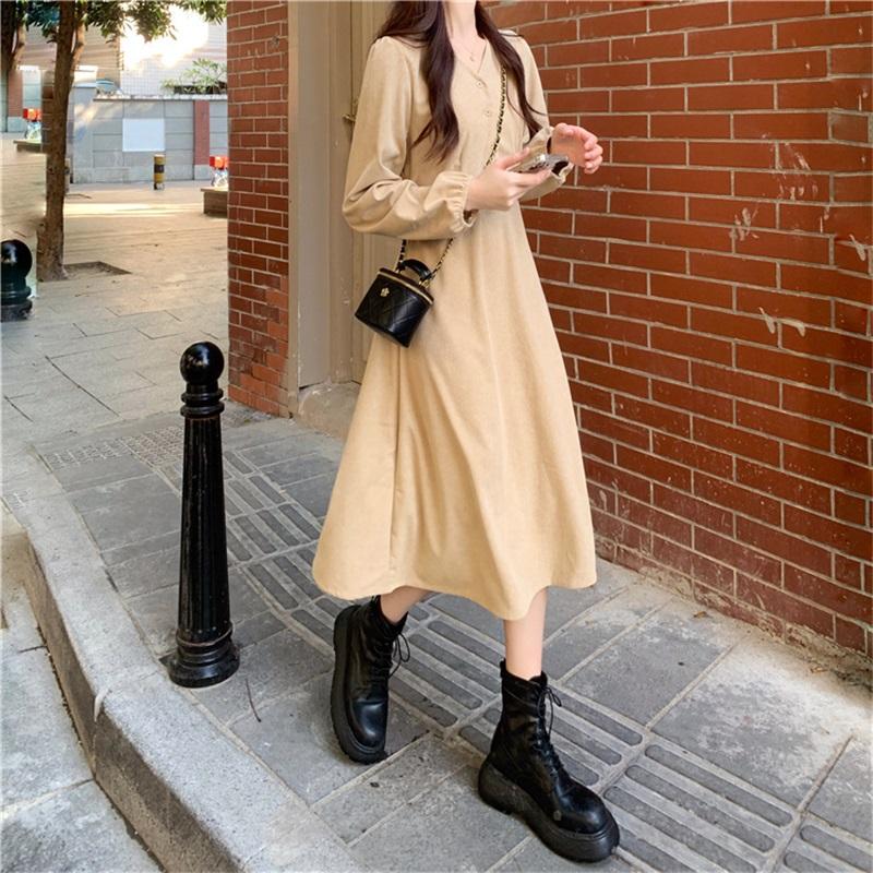 Women's V-Neck Long Sleeve Midi Dress Korean Style Solid Color A-Line Swing Dress Casual Elegant Button Down Dress For Spring Autumn