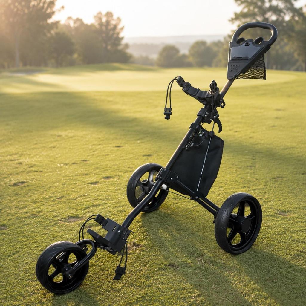 Foldable Golf Push Trolley Adjustable Handle Aluminum Golf Bag Trolley Quick Fold Accessory Holders For Golfers Driving Range