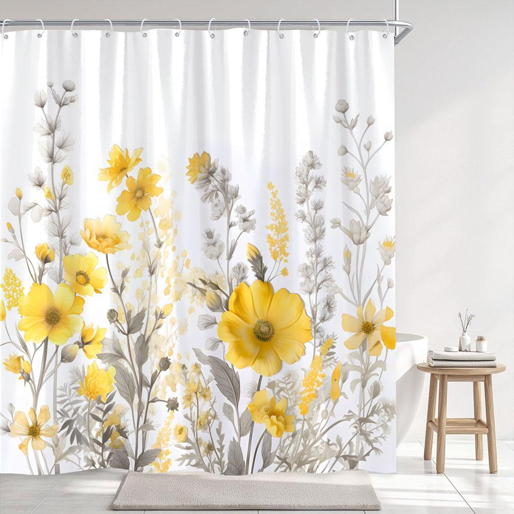 Simple Watercolour Floral Shower Curtain Blue Flower Yellow Grey Botanical Flower Polyester Fabric Shower Curtain Bathroom Decor