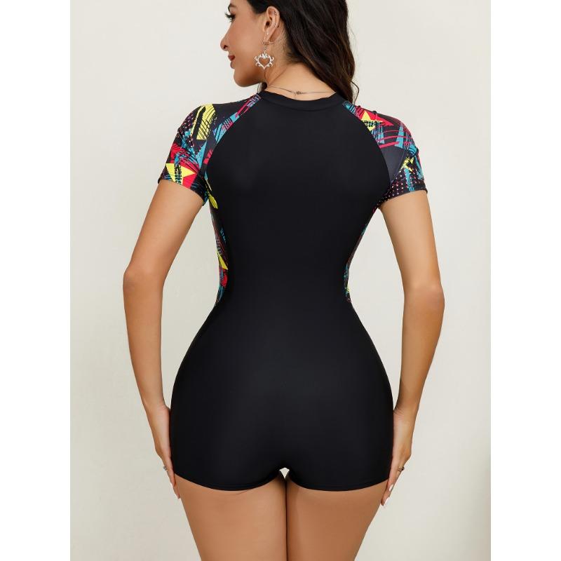 Women's Abstract Print Front Zip Short Sleeve One-Piece Swimsuit