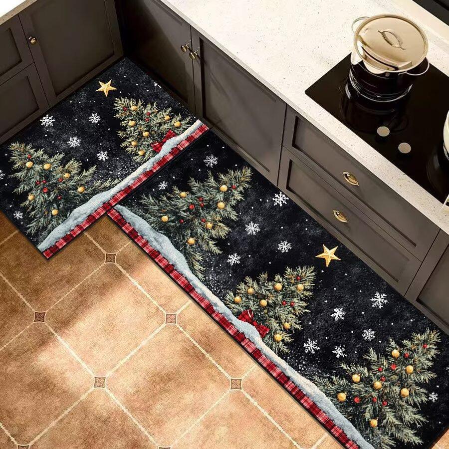 Christmas Santa Kitchen Mat Set, 2-PC Absorbent Non-Slip Floor Rugs for Holiday Decor
