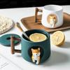 420ml Shiba Inu Pattern Ceramic Coffee Mug Cute 3D Design with Lid Spoon Cartoon Milk Tea Cup for Girls Creative Breakfast Gift