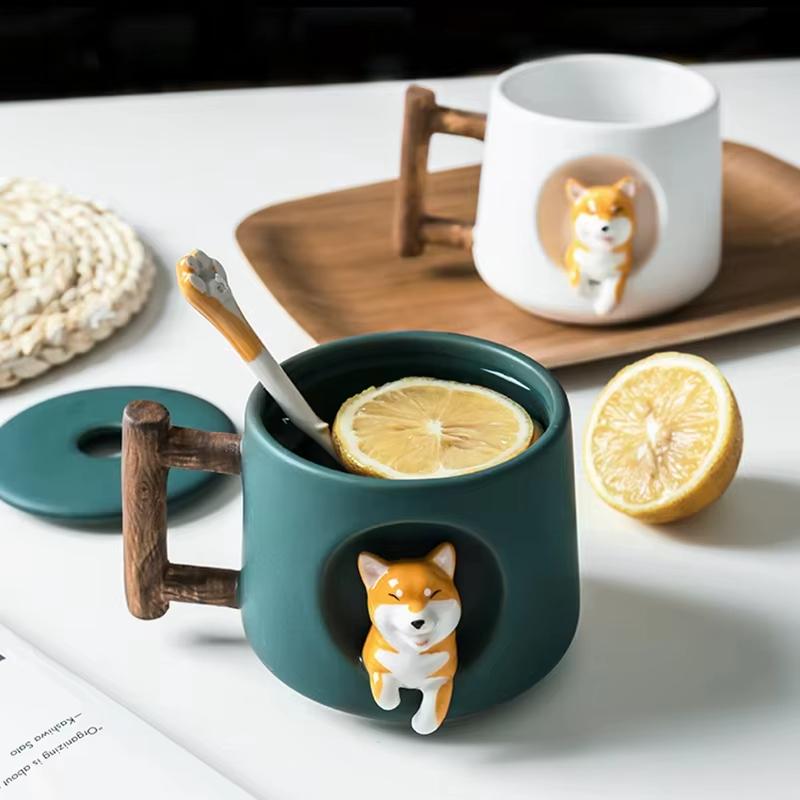 420ml Shiba Inu Pattern Ceramic Coffee Mug Cute 3D Design with Lid Spoon Cartoon Milk Tea Cup for Girls Creative Breakfast Gift