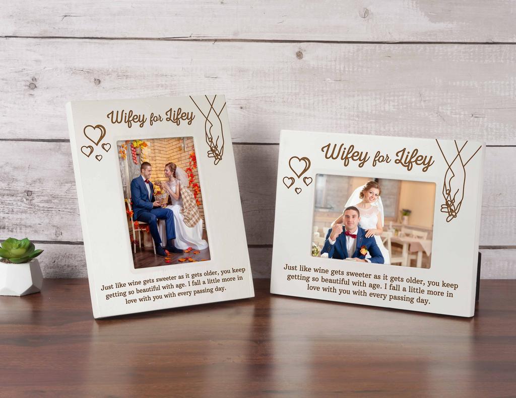 Darling Souvenir MADE WITH LOVE Personalized Wood Engraved Wedding Couple Picture Frame, Tabletop White Photo Frame (Wifey For Lifey)