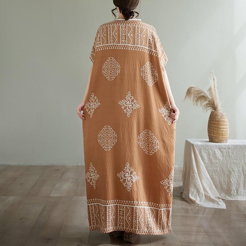 Krátký rukáv Plus size Bavlněné vintage květinové nové šaty pro ženy ležérní volné dlouhé letní šaty