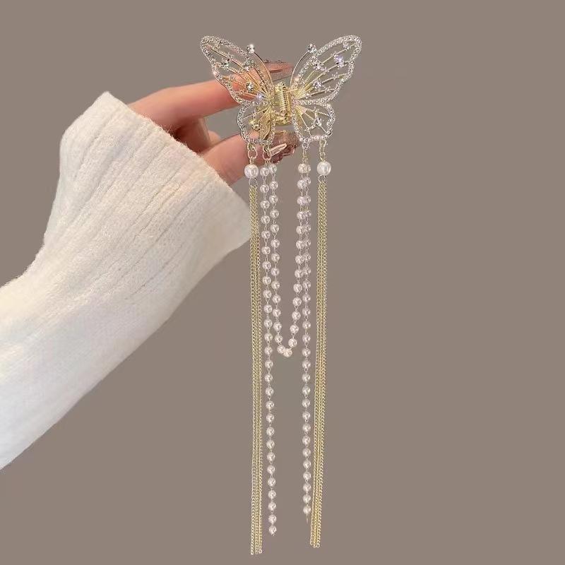Trend Full Rhinestone Hollowed Out Butterfly Hair Clips Retro Pearl Tassel Ribbon Hair Claws Hairpins For Women Hair Accessories