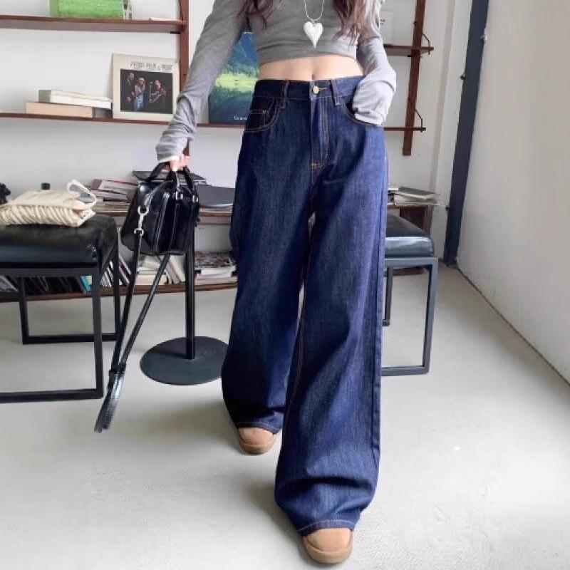 High-Waist Plus-Size Dark Blue Wide-Leg Jeans for Women - 2024 Autumn Floor-Length Style