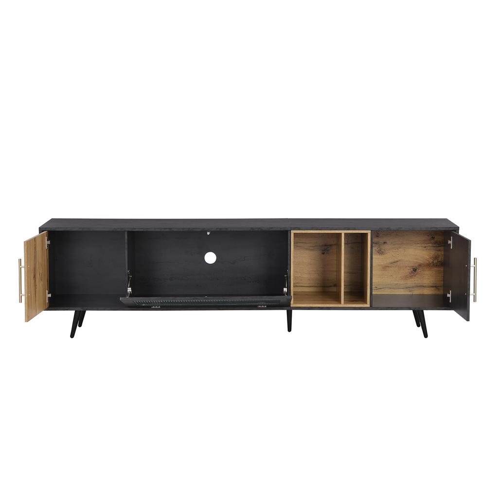 TV Schrank Lowboard 200cm, Modernes TV Board TV-ständer Riffelglastür, Offenes Staufach, Schlichtes Fernsehtisch HiFi-Schrank Holzfarbe & Grau