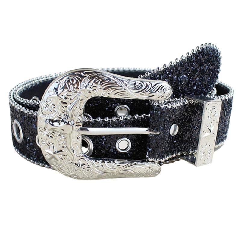 Shimmering Sequined Belt Girl Engraved Buckle Belt 2000s Waistband Punk Waistbelt Bead Trim Belt Aesthetic Waist Accessory