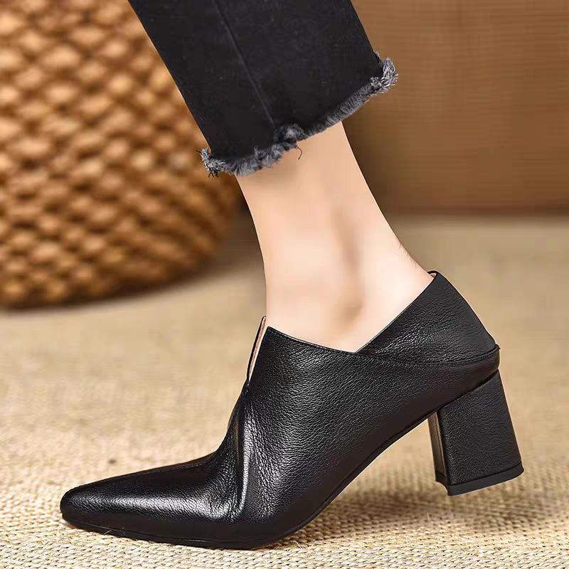 2025 new 5.5 cm black soft leather mouth pointed high heels versatile thick heel deep mouth single shoes women
